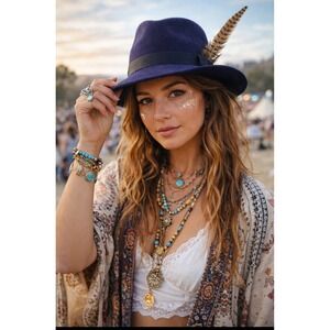 Astrae 100 Wool Fedora Hat, USA, Navy, Feather Band Wide Brim Women's, Vintage